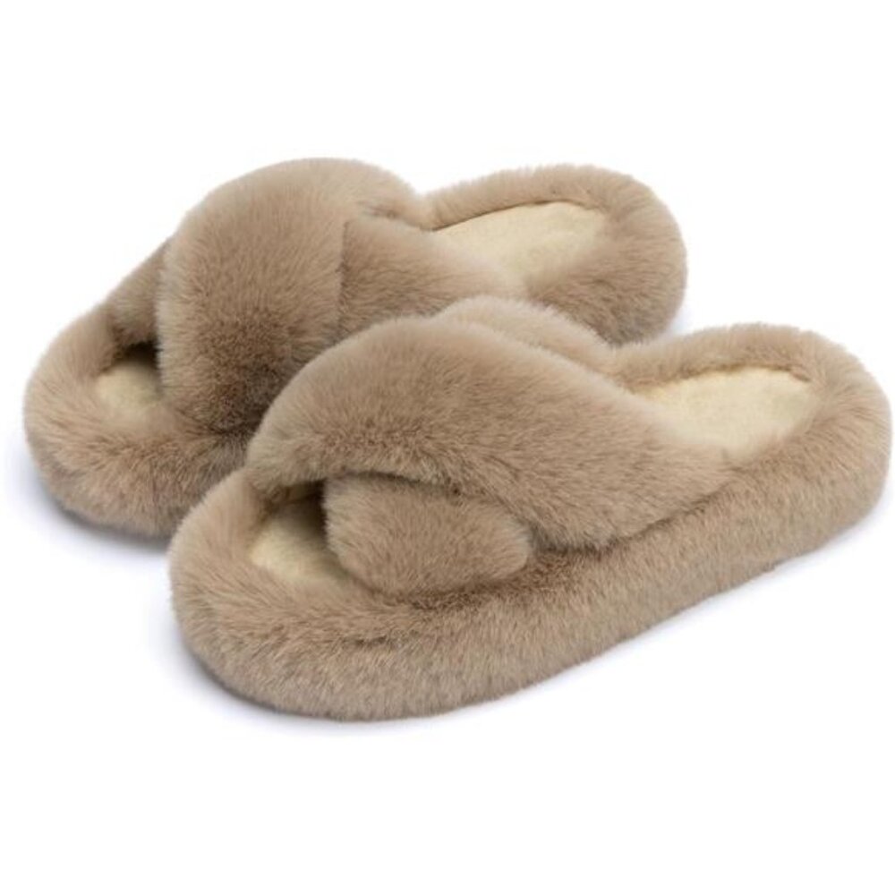 Women's Fuzzy Memory Foam Bedroom Slippers, Light Brown Cross